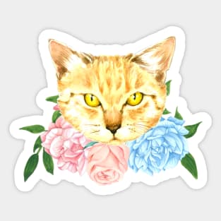 Cute Watercolor Cat with Flowers - Orange Cat Sticker